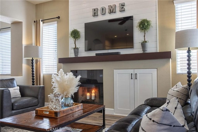 living room featuring wood finished floors and ceiling fan