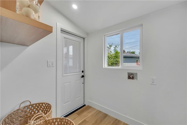 8519 Wakefield Ave, Panorama City, CA 91402 - doorway to outside with baseboards, lofted ceiling, light wood-style floors, and recessed lighting