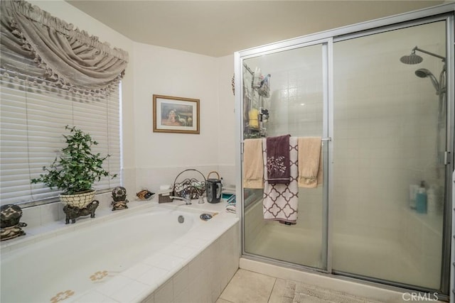 9527 Manzanita Dr, Rancho Cucamonga, CA 91737 - bathroom featuring a shower stall, a garden tub, and tile patterned floors