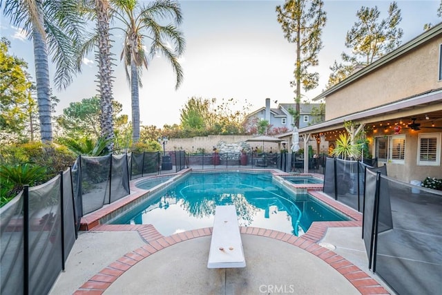 9527 Manzanita Dr, Rancho Cucamonga, CA 91737 - view of swimming pool featuring a fenced backyard, a patio area, and a pool with connected hot tub
