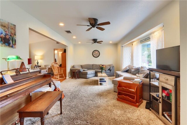 41820 Dillon Cir, Ahwahnee, CA 93601 - living area featuring light carpet, ceiling fan, and recessed lighting