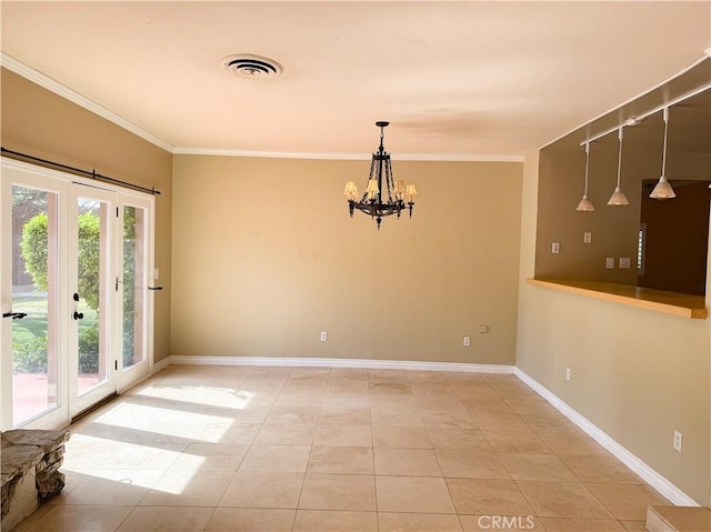 unfurnished dining area with visible vents, ornamental molding, light tile patterned flooring, baseboards, and a notable chandelier