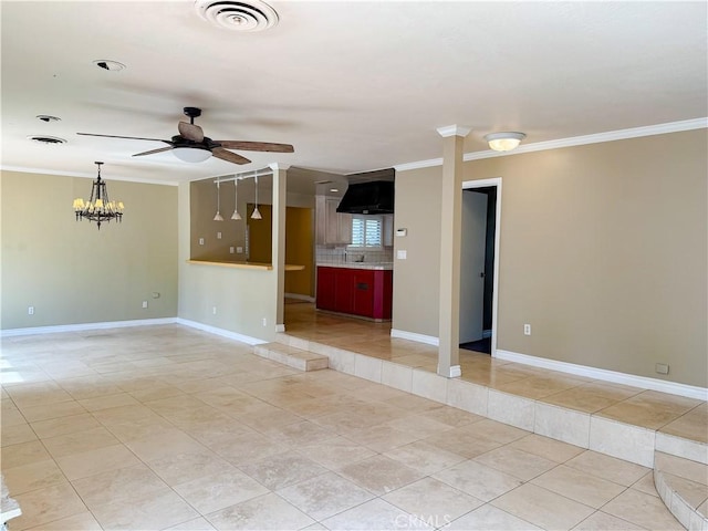 unfurnished living room featuring ceiling fan with notable chandelier, light tile patterned flooring, baseboards, ornamental molding, and visible vents