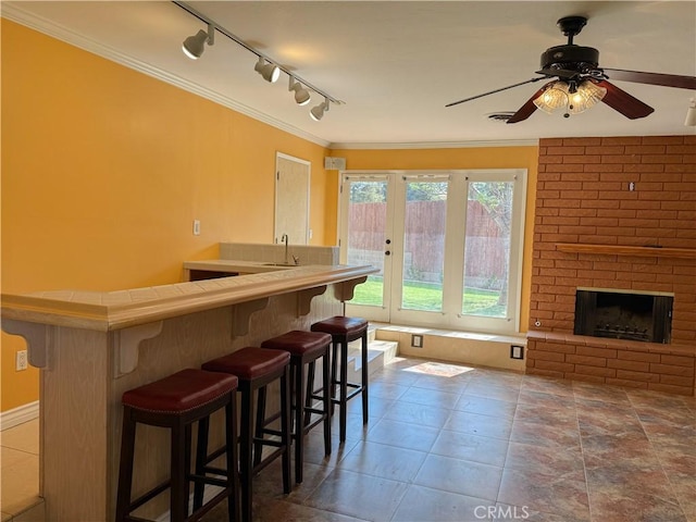 interior space with a sink, ceiling fan, a fireplace, rail lighting, and ornamental molding