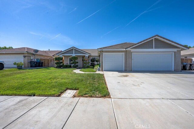 6030 Treehaven Ct, Lancaster, CA 93536 - ranch-style house with an attached garage, driveway, a front lawn, and stucco siding
