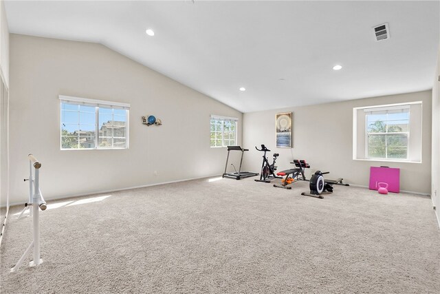 13608 Sagemont Ct, Eastvale, CA 92880 - workout room with carpet, vaulted ceiling, and recessed lighting