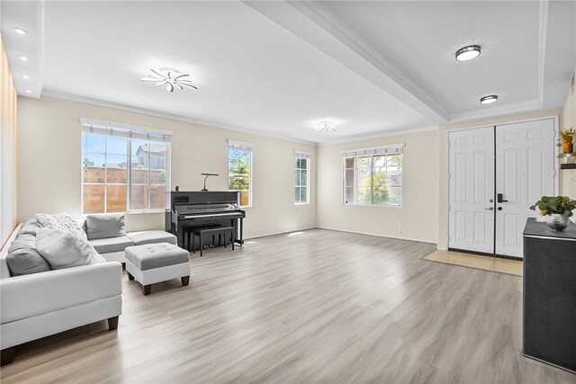 13608 Sagemont Ct, Eastvale, CA 92880 - living area featuring ornamental molding, light wood-type flooring, and recessed lighting