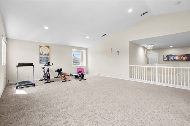 13608 Sagemont Ct, Eastvale, CA 92880 - workout room with vaulted ceiling, carpet, and recessed lighting