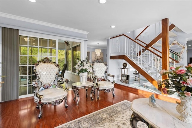 3010 Stoner Ave, Los Angeles, CA 90066 - living room featuring crown molding, stairs, wood finished floors, a chandelier, and recessed lighting
