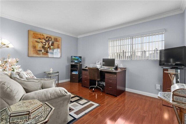3010 Stoner Ave, Los Angeles, CA 90066 - office area with baseboards, dark wood-type flooring, and ornamental molding