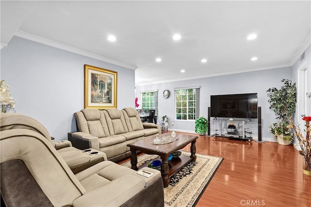 3010 Stoner Ave, Los Angeles, CA 90066 - living room with recessed lighting, wood finished floors, visible vents, ornamental molding, and baseboards