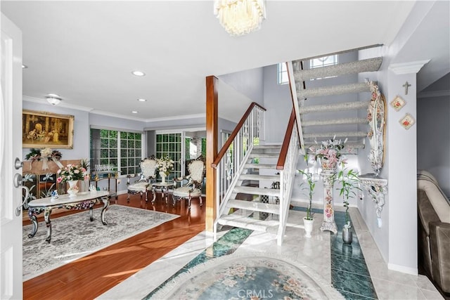3010 Stoner Ave, Los Angeles, CA 90066 - entryway with baseboards, ornamental molding, recessed lighting, and stairway