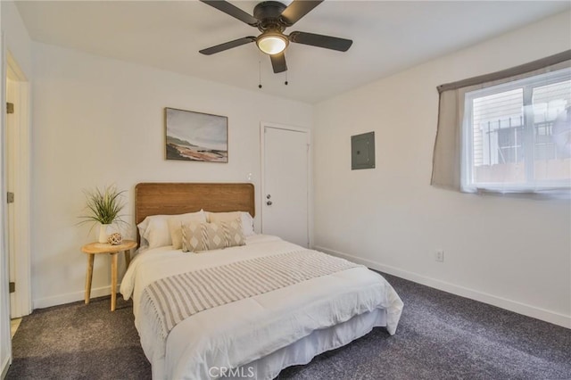 bedroom featuring dark carpet, ceiling fan, baseboards, and electric panel