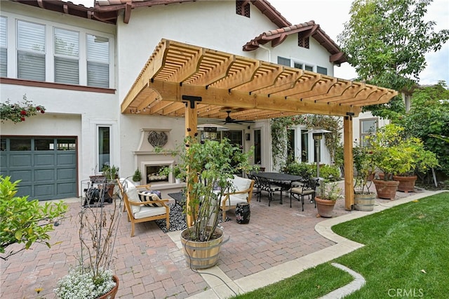 view of patio with a pergola, outdoor dining space, ceiling fan, and an outdoor fireplace