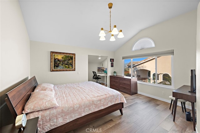 bedroom featuring lofted ceiling, light wood-type flooring, baseboards, and a notable chandelier