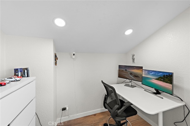 office area featuring baseboards, wood finished floors, and recessed lighting