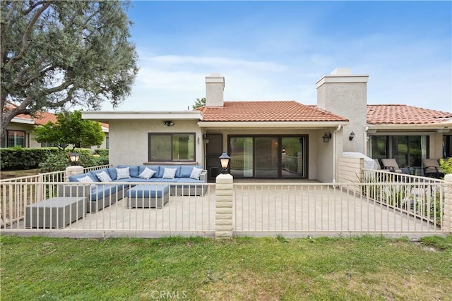 1061 Pebble Beach Dr, Upland, CA 91784 - rear view of property with stucco siding, a chimney, a tiled roof, and outdoor lounge area