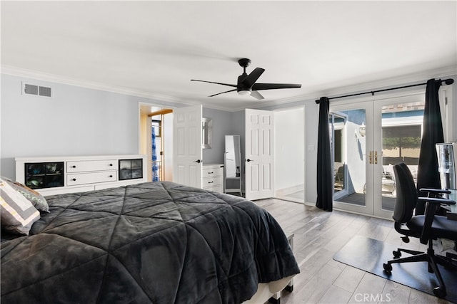 bedroom featuring french doors, visible vents, access to outside, and ornamental molding