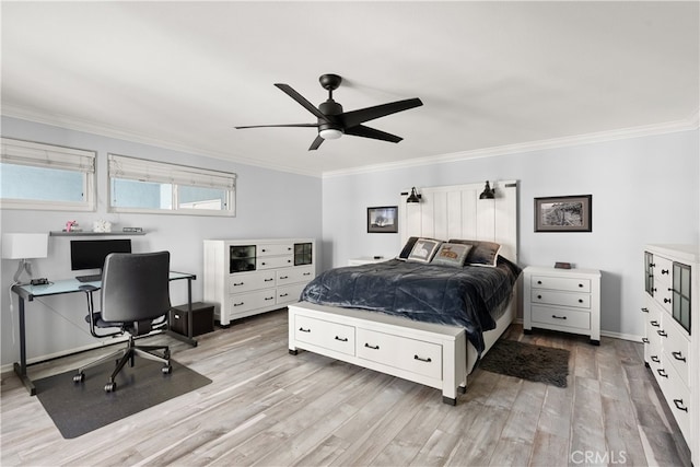 bedroom with light wood-style floors, ceiling fan, and ornamental molding