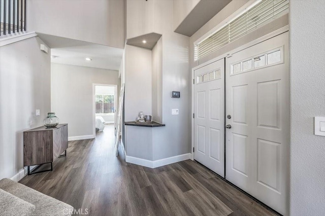 foyer entrance with baseboards, dark wood-style flooring, and a towering ceiling