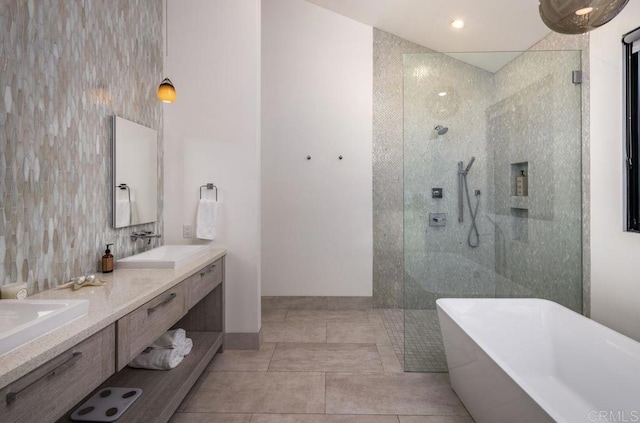 132628 Rainbow Ridge Ln, Encinitas, CA 92024 - full bathroom with a walk in shower, a soaking tub, double vanity, tile patterned flooring, and recessed lighting