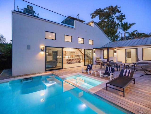 132628 Rainbow Ridge Ln, Encinitas, CA 92024 - view of pool with stairway, a wooden deck, a pool with connected hot tub, and outdoor dining space