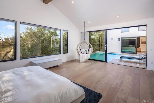 132628 Rainbow Ridge Ln, Encinitas, CA 92024 - bedroom with wood finished floors, access to exterior, multiple windows, high vaulted ceiling, and recessed lighting