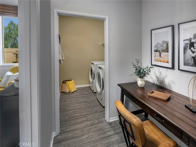 35368 Garcia St, Beaumont, CA 92223 - laundry room with washer and dryer, baseboards, wood finished floors, and laundry area
