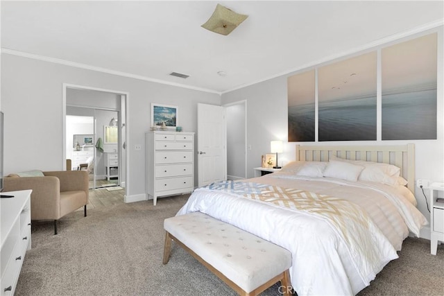 carpeted bedroom with visible vents and ornamental molding