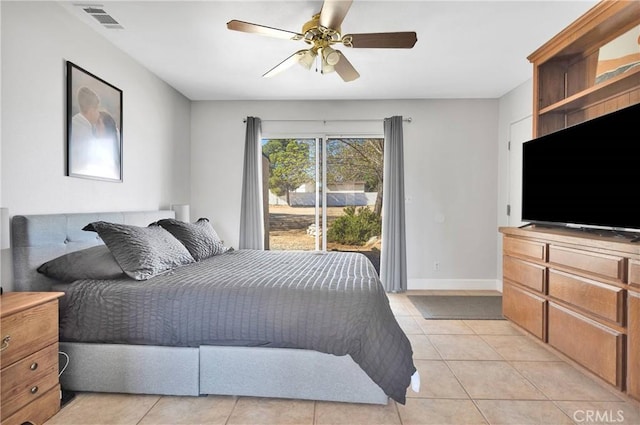 bedroom with light tile patterned flooring, ceiling fan, access to exterior, baseboards, and visible vents
