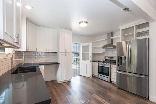415 7th, Paso Robles, CA 93446 - kitchen featuring a sink, stainless steel appliances, open shelves, wall chimney exhaust hood, and dark countertops