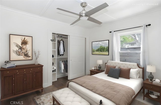 415 7th, Paso Robles, CA 93446 - bedroom with crown molding, a closet, a ceiling fan, and wood finished floors