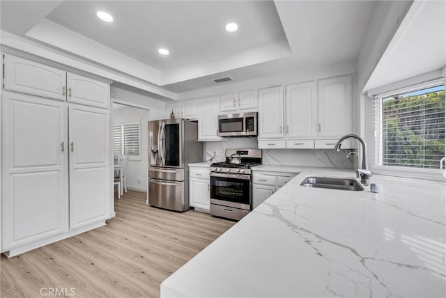 kitchen with a tray ceiling, a sink, light wood-type flooring, light stone counters, and appliances with stainless steel finishes