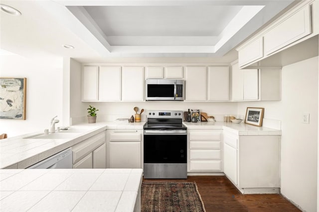 4050 Via Dolce Unit 241, Marina Del Rey, CA 90292 - kitchen with stainless steel appliances, a sink, tile countertops, a raised ceiling, and dark wood-type flooring