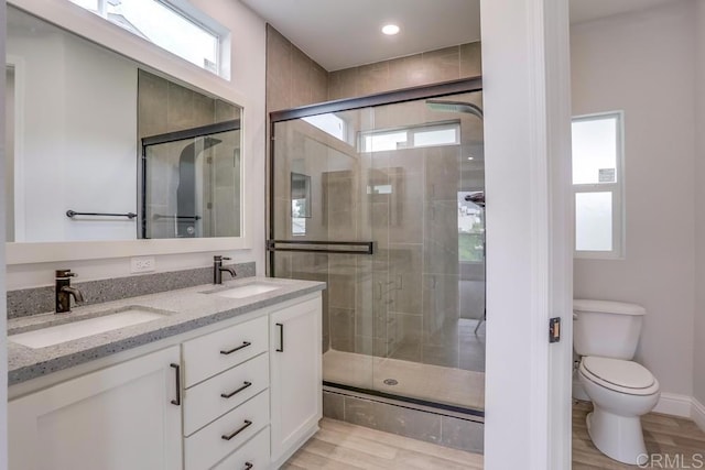 bathroom featuring wood finished floors, a sink, and a stall shower