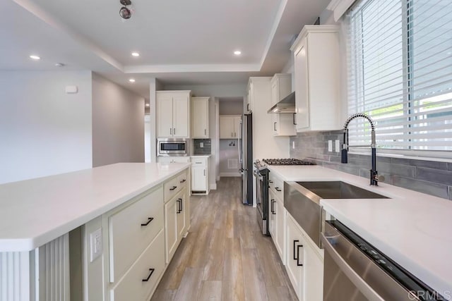 kitchen featuring decorative backsplash, stainless steel appliances, light wood finished floors, light countertops, and range hood