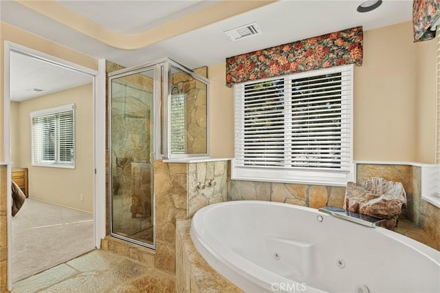693 Old Meadow Pl, Lake Arrowhead, CA 92352 - full bath featuring a shower stall, a whirlpool tub, and visible vents