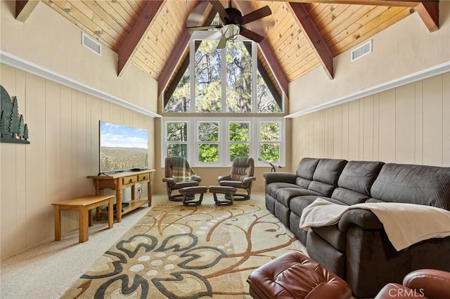 693 Old Meadow Pl, Lake Arrowhead, CA 92352 - living area with wood ceiling, carpet floors, visible vents, and high vaulted ceiling