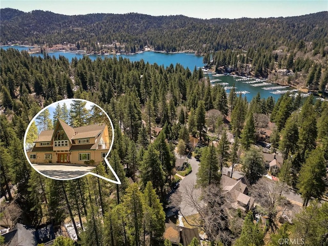 693 Old Meadow Pl, Lake Arrowhead, CA 92352 - drone / aerial view with a view of trees and a water view