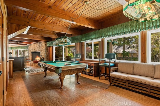 693 Old Meadow Pl, Lake Arrowhead, CA 92352 - game room featuring beamed ceiling, wood ceiling, pool table, and hardwood / wood-style flooring