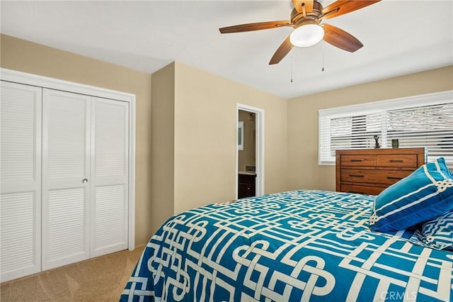 693 Old Meadow Pl, Lake Arrowhead, CA 92352 - bedroom with ceiling fan, a closet, and carpet