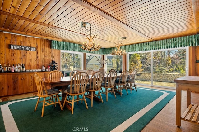 693 Old Meadow Pl, Lake Arrowhead, CA 92352 - dining room featuring wood ceiling, wooden walls, wood finished floors, and a notable chandelier