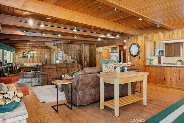 693 Old Meadow Pl, Lake Arrowhead, CA 92352 - living room with light wood finished floors, wood walls, and stairs
