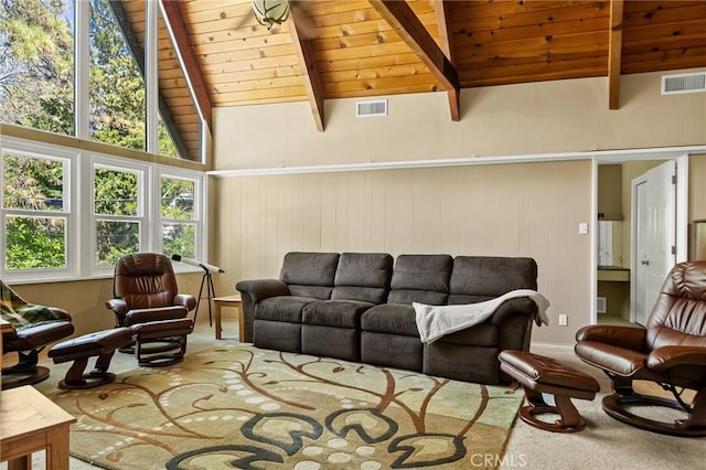 693 Old Meadow Pl, Lake Arrowhead, CA 92352 - living area featuring carpet floors, visible vents, vaulted ceiling with beams, and wooden ceiling