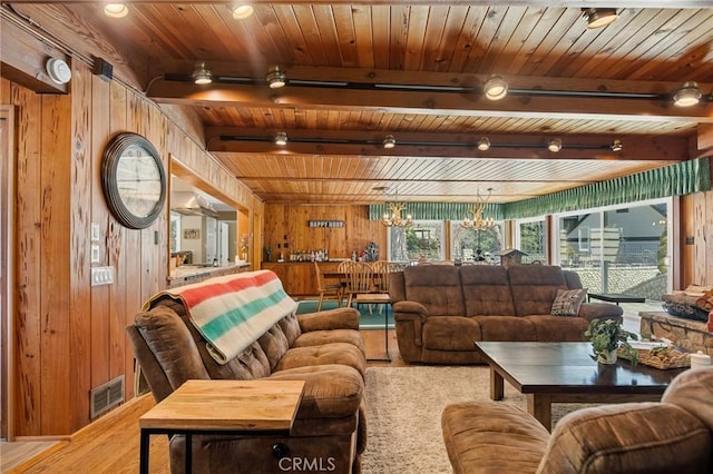 693 Old Meadow Pl, Lake Arrowhead, CA 92352 - living area featuring wooden walls, visible vents, wooden ceiling, beamed ceiling, and light wood-type flooring