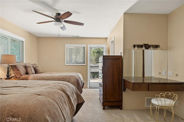 693 Old Meadow Pl, Lake Arrowhead, CA 92352 - bedroom with light colored carpet, ceiling fan, and visible vents
