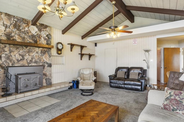 1170 Avocado Ave, Escondido, CA 92026 - carpeted living room with wood ceiling, lofted ceiling with beams, and ceiling fan with notable chandelier