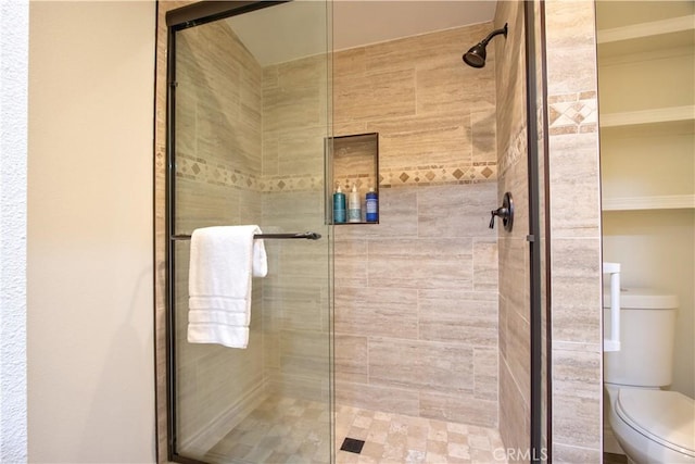 full bathroom featuring toilet and a shower stall
