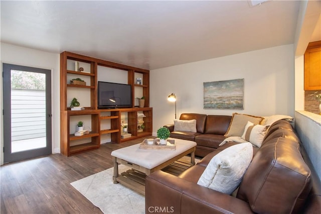 living room with dark wood finished floors