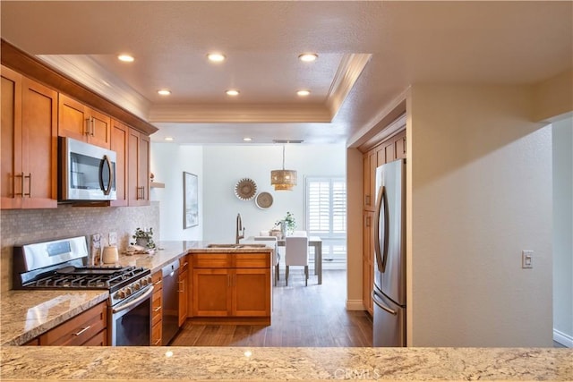 kitchen featuring wood finished floors, stainless steel appliances, ornamental molding, a sink, and a raised ceiling